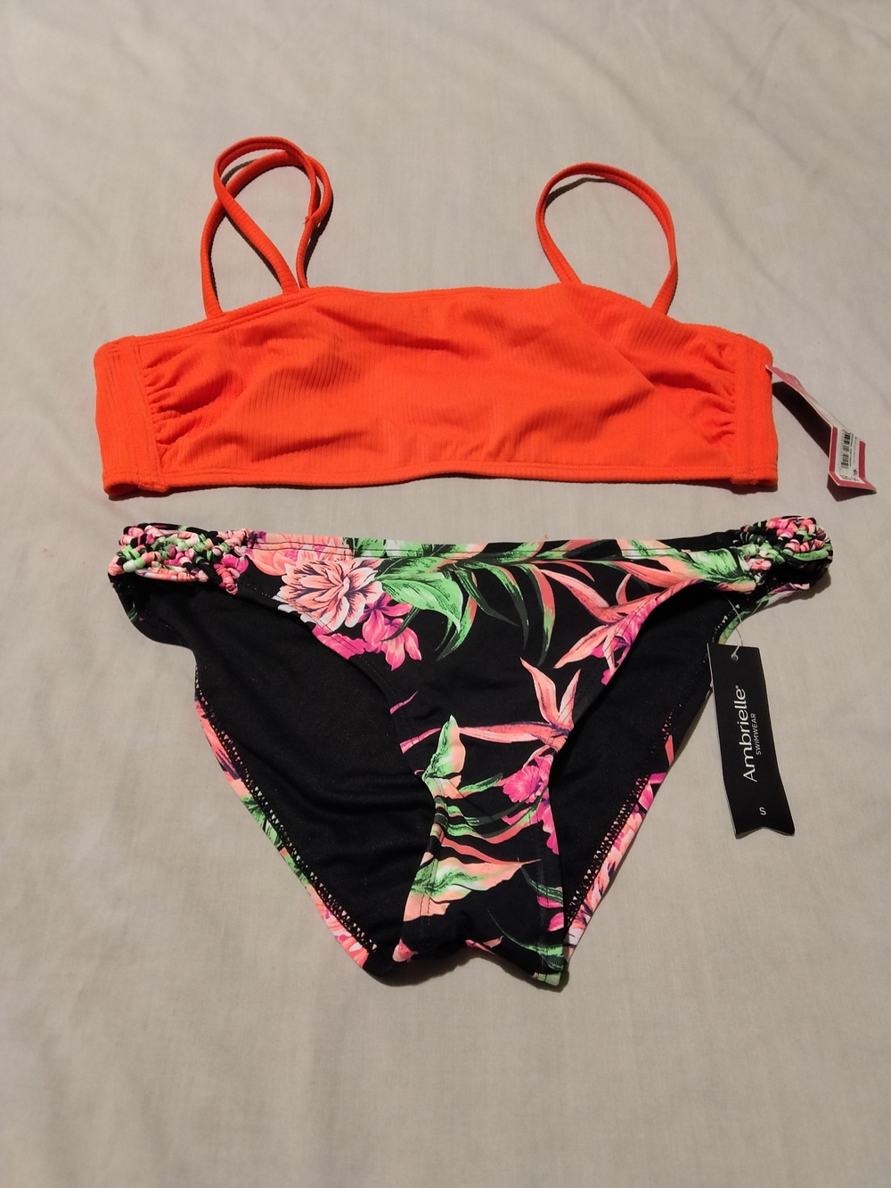 Ambrielle Neon Orange Bikini Top with Black Floral Bottom